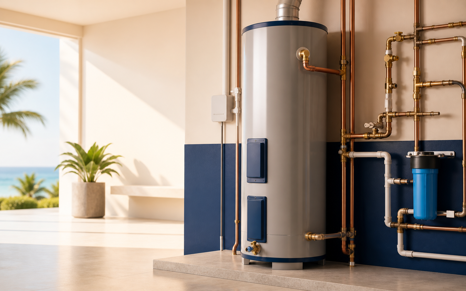 Concept illustration of a clean water-heater and residential plumbing system